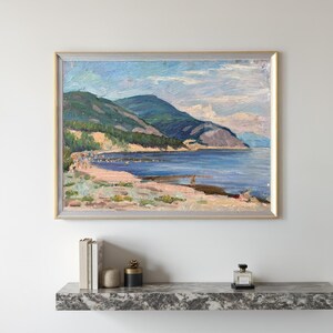 Pintura a óleo vintage feita à mão, natureza do Lago Baikal, 1980, arte paisagística original, exposição exuberante na costa, decoração de parede moderna, arte vibrante no lago