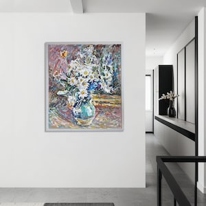 Chamomile Harmony – Original Floral Oil Painting, Daisies in Blue Vase, Expressive Still Life, Impressionist Bloom, Artwork Unique Gift!