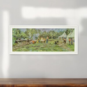 Estudo de Acampamento na Natureza com Pintura a Óleo Feito à Mão Ano: 1982, Arte Rústica Original, Cena Externa Tranquila, Presente de Decoração de Parede Moderna, Vista do Acampamento na Floresta