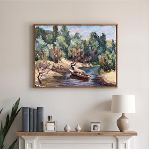 Pintura a óleo vintage feita à mão, barco fluvial, natureza, arte paisagística original, exibição de água exuberante, decoração de parede moderna, presente, barco vibrante, arte de 1978