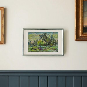 Pintura a óleo vintage de paisagem original "Impressão noturna", vegetação exuberante e pinceladas texturizadas, arte feita à mão, presente inspirado na natureza