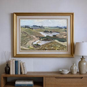 Handmade Original Nature Oil Painting River Landscape Year: 1986, Lush Hill Display, Modern Wall Decor Gift, Vibrant Impressionist Art Piece