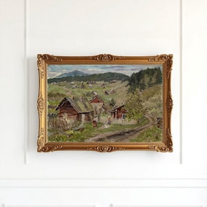 Pintura a óleo feita à mão, assentamento tradicional siberiano, arte paisagística costeira, cena de vila rústica, decoração de parede, presente exclusivo, item colecionável, 1982