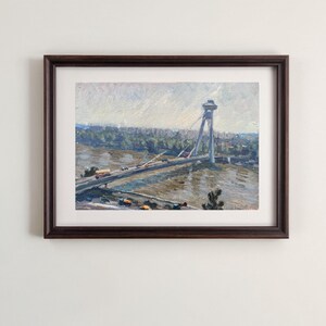 Pintura al óleo hecha a mano del Puente del Danubio, Naturaleza, 1981, Estudio, Arte urbano original, Exhibición de un río exuberante, Regalo de decoración de pared moderna, Lienzo de puente vibrante