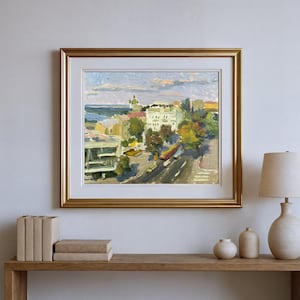 Pintura al óleo original de paisaje urbano de 1988 "Kiev, Plaza Lvivska", arte urbano original, exuberante exhibición urbana, regalo de decoración de pared moderna, horizonte vibrante