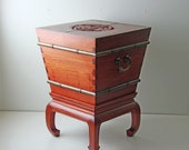 Vintage Mid Century George Zee Chinese rosewood rice bucket on stand Chinoiserie Chinese wedding chest Accent table trunk