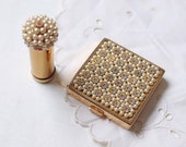 Jeweled Compact Mirrored Makeup Lipstick Case Faux Pearls Vintage Ciner Compact Mirror Vintage Makeup Cosmetics Rhinestones Pearls