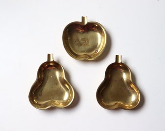 3 Pc Apple Pear Brass Trinket Dish Jewelry Ring Holder; Nightstand Storage Dish Home Accent -[B5]