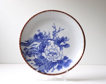 9.5" Japanese Igezara Floral Chrysanthemum Blue and White Plate; Antique Transferware Porcelain Plate Chinoiserie Collectible (PL-A)