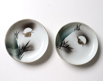 2 Pc Old Japanese Kutani Porcelain Saucer Dessert Plates; Imari Kozara White Porcelain Dishes with Bamboo Birds -(SB24)