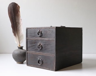 Antique Chinese 3 Drawer Brush Box; Small Wood Storage Box Home Office; Storage Organization Boxes