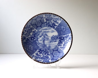 8.5" Japanese Igezara Eight Panel Floral Landscape Blue and White Plate; Antique Transferware Porcelain Plate Chinoiserie -(PL-J)