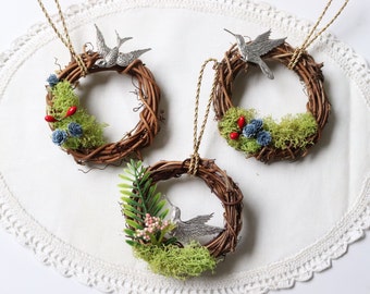 3 Pc Miniature Moss Wreath Ornaments Handmade; Flowers Berries Birds Butterflies Nature Holiday Ornaments Gift Box Toppers