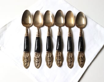 6 Pc Dessert Spoons Thai Brass Flatware; Vintage Utensils Metal Gold Fork Knife Spoon Server; Bohemian Home Kitchen Dining -(SB-5)