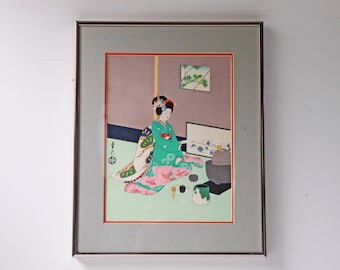 Vintage Japanese Woodblock Geisha Print Framed; Colorful Woodblock Print Signed; Asian Wall Hanging Home Decor