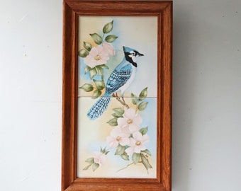 Hand Painted Bird Tile Framed Art Blue Jay Bird; Wall Decor Home and Living Cottage core Romantic Decor