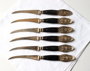 6 Pc Tourné / Paring Knives Thai Brass Flatware; Vintage Utensils Metal Gold  Curved Fruit Knife; Bohemian Home Kitchen Dining -(SB-3)