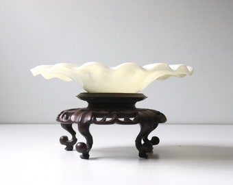 7.5" Chinese Peking Glass White Shallow Bowl Ruffled Edge; Chinese Art Glass Early 1900s -[B8]