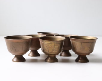 6 Pc Japanese Solid Brass Petite Footed Cups; Vintage Kitchen Home and Living Decor -[B5]