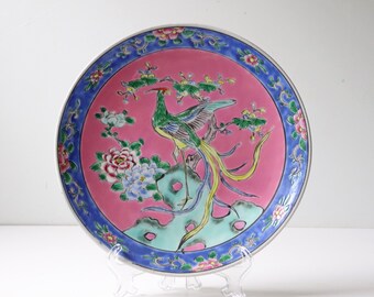 8.5" Vintage Japanese Decorated Bird Plate Pheasant; Pink and Blue Chinoiserie Chic; Grandmillenial Style Home Decor