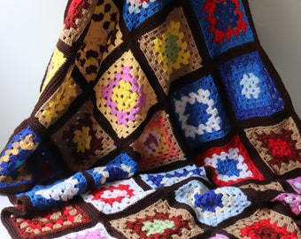 54x34 Granny Square Crochet Afghan Pink Brown Green; Throw Blanket Retro Blanket; Multi Color Nursery Blanket  --[A5]