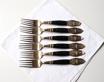 6 Pc Salad Forks Thai Brass Flatware; Vintage Utensils Metal Gold Fork Knife Spoon Server; Bohemian Home Kitchen Dining -(SB-4)