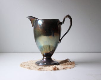 Vintage Silver Plated Footed Metal Water Pitcher, Tarnished Silver Floral Vase, Cottage Shabby Chic Kitchen Home Decor