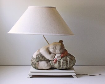 Vintage Chinese Hand Painted Ceramic Lamp of Baby Girl Sleeping; Nursery Lamp Home Decor; Bedside Table Lamp Baby Napping