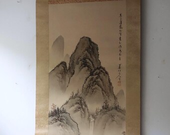 74 x 19 Vintage Chinese Scroll Mountainscape; Black and Gold Landscape Asian Scroll Painting on Paper  [Scroll 12] B5