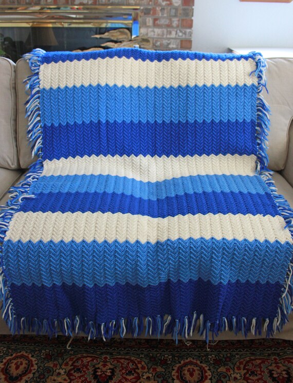 Vintage Blue And White Crochet Afghan Woven Granny Wide Striped Blanket 64 X 35