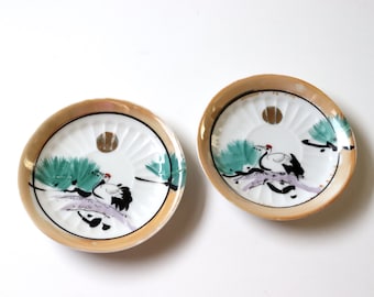 2 Pc Old Japanese Kutani Porcelain Saucer Dessert Plates; White Porcelain Dishes with Bamboo Birds -[B10]