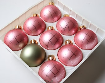9 Pc Set Vintage Rose Pink Glass Ornament; Pink Tree Ornament Victorian Holiday Ornament