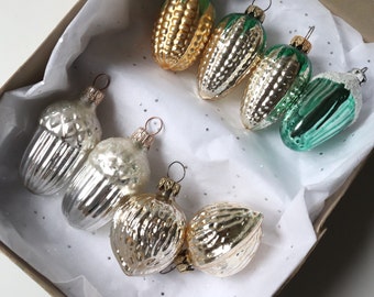 8 Pc Vintage Yellow Corn White Acorn Handblown Glass Christmas Ornament; Christmas Holiday Decor