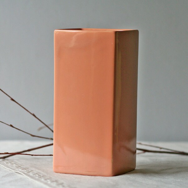 vintage coral pink square ceramic vase