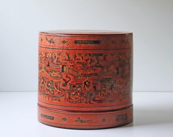 Old Burmese Red and Black Lacquered Storage Hat Box; Red Lacquer Food Box Wedding Basket; Home Decor Asian Wedding Gift