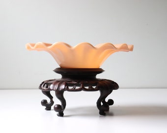 7" Chinese Peking Glass Peach Colored Shallow Bowl Ruffled Edge; Chinese Art Glass Early 1900s -[B8]