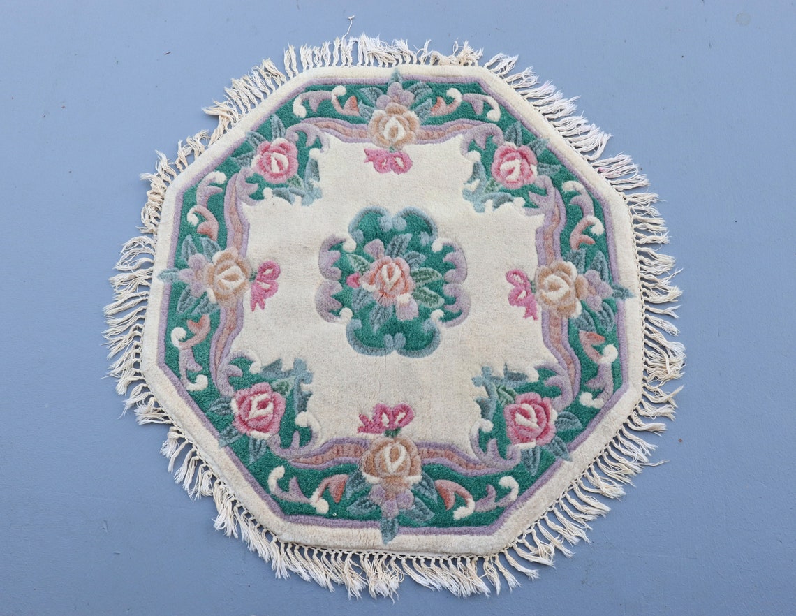 Vintage Chinese Octagonal Wool Rug Floral Mat 2' X 2' Etsy