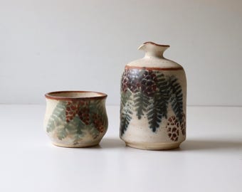 Vintage B. Welsh Studio Pottery Oil & Vinegar Cruet 1970s Stoneware Cup Signed Bennett Welsh Oregon [B50]