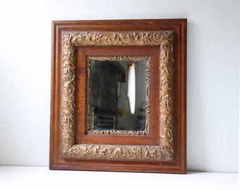 Antique Square Oak Gilt Gesso Wall Mirror; Farmhouse Home Wall Mantel Decor; Home and Living Mirror