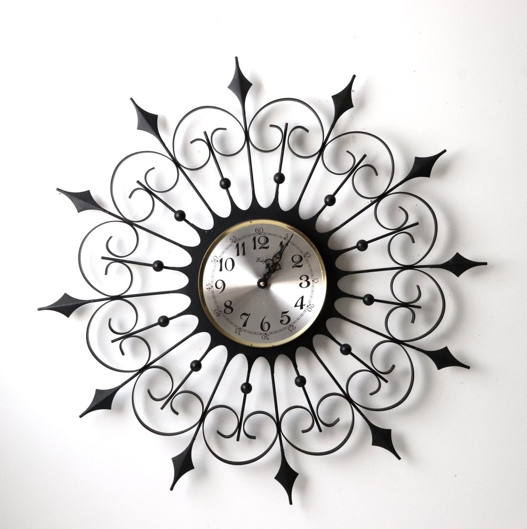 Vintage Welby Starburst Wall Clock; Black Metal Mid Century Modern