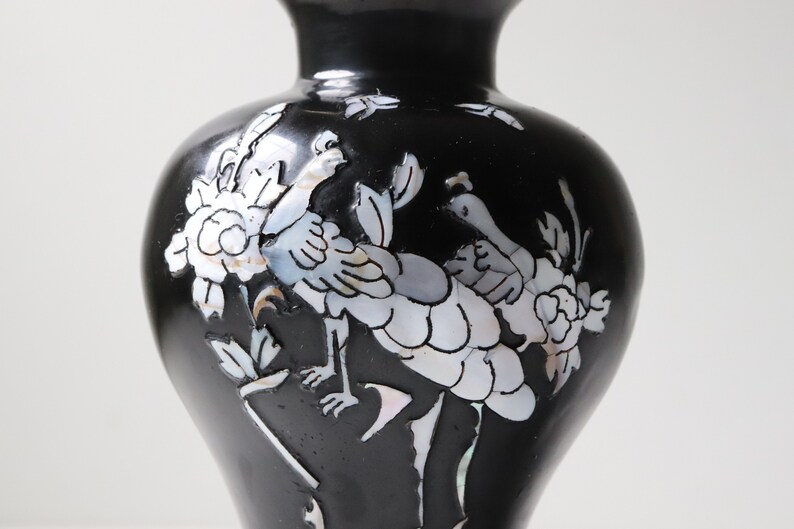 Vintage Korean Black Lacquered Enamel Vase Black and Silver Floral Design Flower Vase image 3