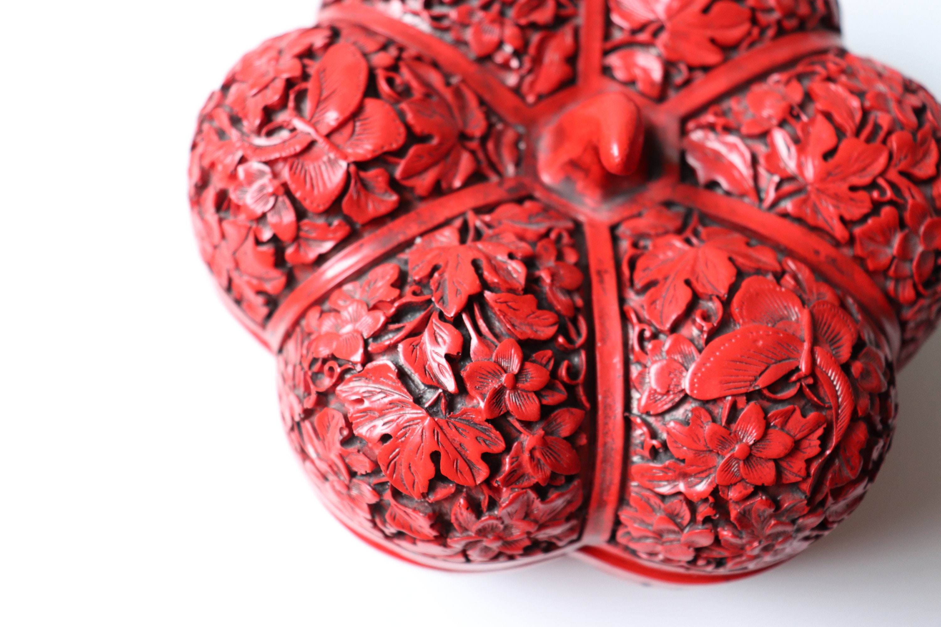 Chinese Carved Cinnabar Pumpkin Shaped Storage Box; Red
