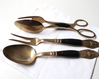 3 Pc Serving Tongs Spoon Fork Thai Brass Flatware; Vintage Utensils Metal Gold Fork Knife Spoon Server; Bohemian Home Kitchen Dining -(SB-5)