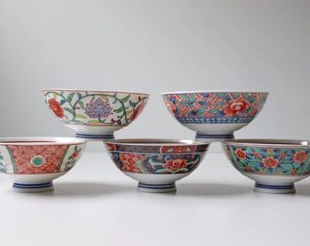 Set of five Japanese Imari Porcelain Rice Bowls - Vibrant Floral Design -[SB27]