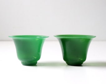 2 Pc Antique Chinese Green Peking Glass Wine Cups; Chinese Art Glass Bowl Miniature Early 1900s