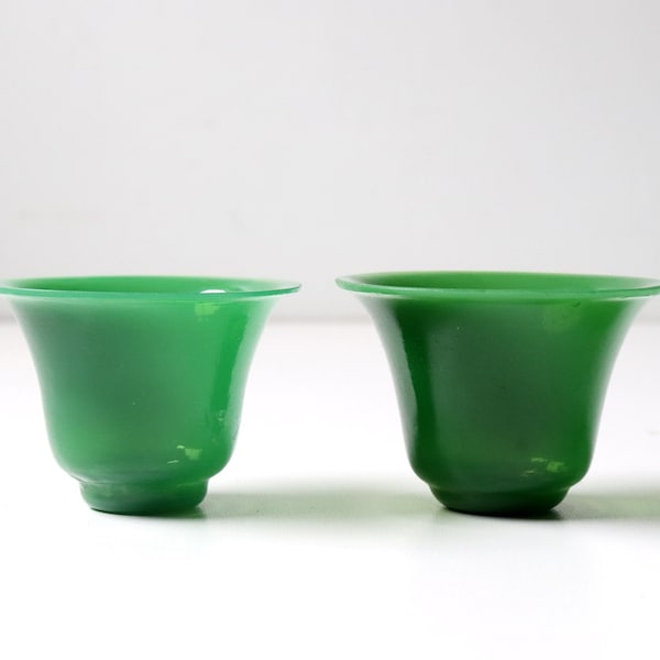 2 Pc Antique Chinese Green Peking Glass Wine Cups; Chinese Art Glass Bowl Miniature Early 1900s