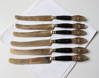 6 Pc Steak Knives Thai Brass Flatware; Vintage Utensils Metal Gold Fork Knife Spoon Server; Bohemian Home Kitchen Dining -(SB-2)