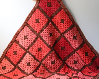34x34 Granny Square Crochet Afghan Pink Brown; Throw Blanket Retro Blanket; Chocolate Raspberry Color Nursery Blanket  --[A5]