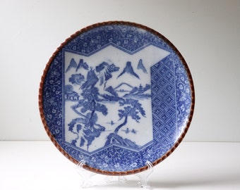 10" Japanese Igezara Landscape Trees Blue and White Plate; Antique Transferware Porcelain Plate Chinoiserie -(PL-C)