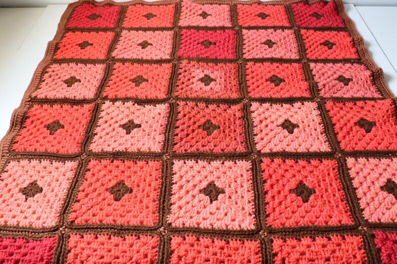 34x34 Granny Square Crochet Afghan Pink Brown Throw Blanket Etsy